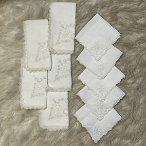 Lot Of 10 Vintage Linen Napkins White Baby Blue Floral Cutout Bow Scalloped Lace